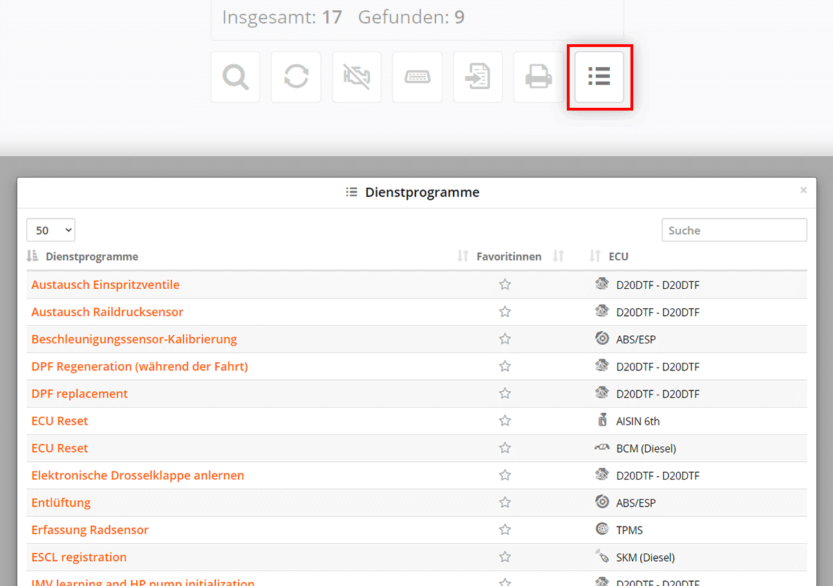 Liste verfügbarer Fahrzeug-Utilities